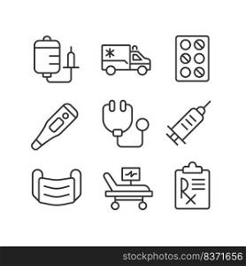 Medical equipment pixel perfect linear icons set. Hospital services. Emergency and first aid. Customizable thin line symbols. Isolated vector outline illustrations. Editable stroke. Medical equipment pixel perfect linear icons set