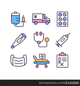 Medical equipment pixel perfect RGB color icons set. Hospital services. Emergency and first aid. Isolated vector illustrations. Simple filled line drawings collection. Editable stroke. Medical equipment pixel perfect RGB color icons set