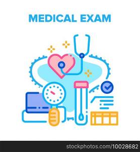 Medical Exam Vector Icon Concept. Patient Medical Exam Heart Health And Rhythm With Stethoscope And Pressure Measuring Medicine Equipment, Analysis Laboratory Research Color Illustration. Medical Exam Vector Concept Color Illustration