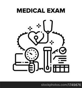 Medical Exam Vector Icon Concept. Patient Medical Exam Heart Health And Rhythm With Stethoscope And Pressure Measuring Medicine Equipment, Analysis Laboratory Research Black Illustration. Medical Exam Vector Black Illustrations