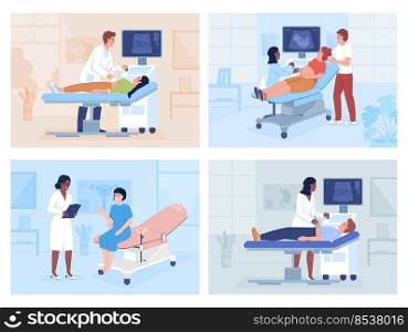 Medical examination and consultation flat color vector illustrations set. Scanning technology. Treatment. Fully editable 2D simple cartoon characters with hospital office on background pack. Medical examination and consultation flat color vector illustrations set