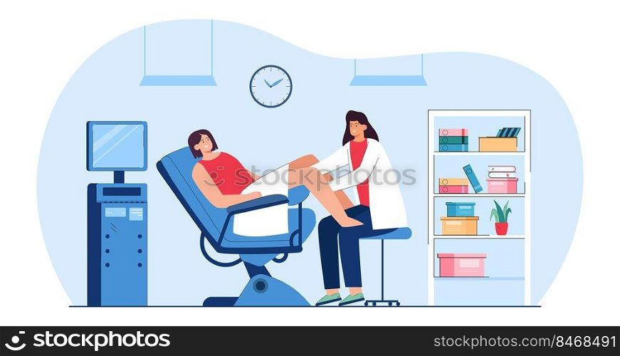 Medical examination of female patient by doctor gynecologist. Screening womans reproductive health in hospital gynecological chair flat vector illustration. Gynecology, medicine, diagnosis concept. Medical examination of female patient by doctor gynecologist