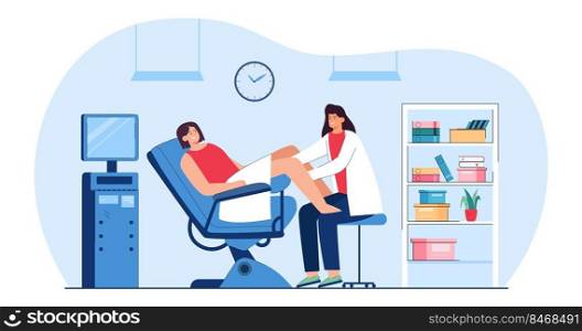 Medical examination of female patient by doctor gynecologist. Screening womans reproductive health in hospital gynecological chair flat vector illustration. Gynecology, medicine, diagnosis concept. Medical examination of female patient by doctor gynecologist