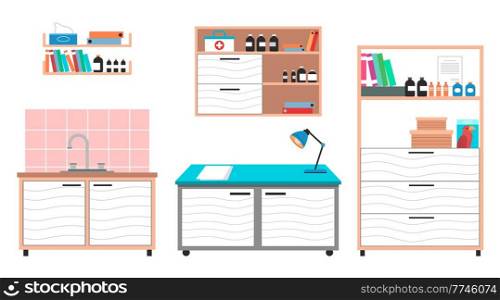 Medical examination or medical check up interior room, veterinary care flat design vector illustration. Interior and equipment of a veterinary office table, shelves with books and medicines, washstand. Medical examination or medical check up interior room, veterinary care flat vector illustration