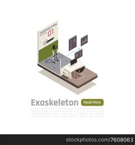 Medical exoskeleton isometric composition with test prototype representing in science laboratory vector illustration