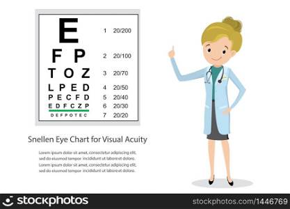 Medical Eye Diagnostic. Doctor ophthalmologist character And Eye Test Chart In Clinic,place for text,flat vector illustration.