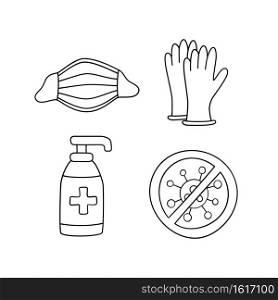 Medical face mask, latex gloves and sanitizer bottle against coronavirus. Covid protective kit isolated on white. Hand drawn vector illustration. Medical face mask, latex gloves and sanitizer bottle against coronavirus