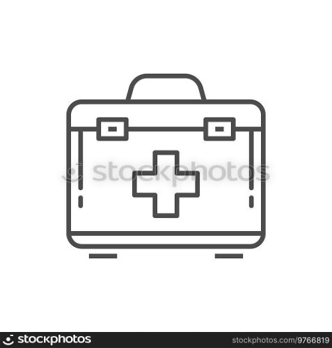 Medical first aid kit isolated line art icon. Vector doctor case with cross symbol. Case with cross, first aid kit