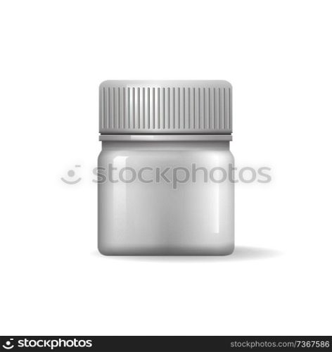 Medical flask isolated on white vector poster, bottle for different medic means, bright concept image of closed flacon for pills with transparent case. Medical Flask Isolated on White Vector Poster