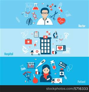 Medical flat banners set with doctor hospital patient element isolated vector illustration