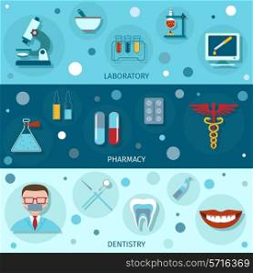 Medical flat banners set with laboratory pharmacy dentistry isolated vector illustration