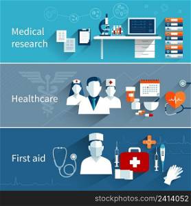 Medical flat banners set with research healthcare first aid symbols isolated vector illustration