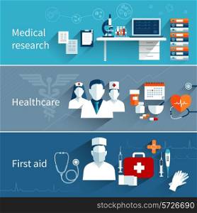 Medical flat banners set with research healthcare first aid symbols isolated vector illustration