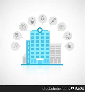 Medical flat building with emergency center clinic hospital and doctor avatars decorative icons set vector illustration