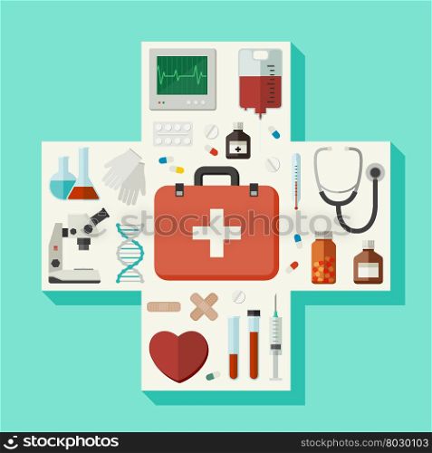 Medical flat icons located in a cross shape. Vector illustration