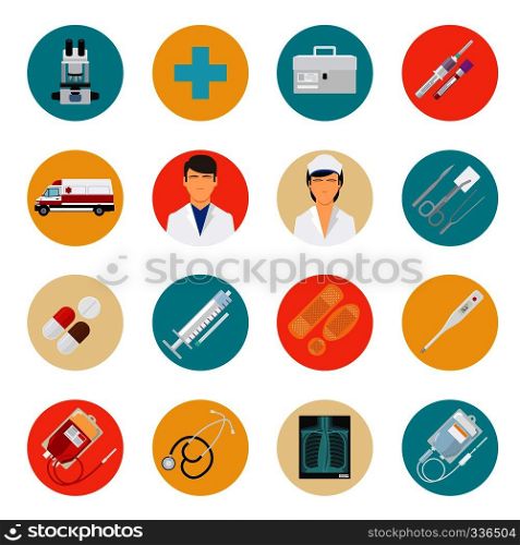 Medical flat icons. Medical tools and health care equipment signs, medical science research vector icons. Medical tools and health care icons