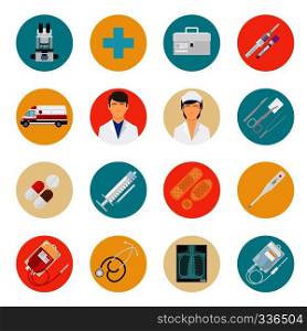 Medical flat icons. Medical tools and health care equipment signs, medical science research vector icons. Medical tools and health care icons
