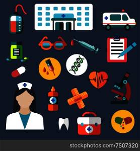 Medical flat icons of hospital building, ambulance car, doctor, first aid kit, glasses, microscope medicine bottles, blood bag heart, syringe dna, plaster, clipboard, pen and tooth. Hospital and medicine flat icons