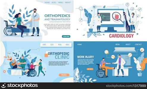 Medical Flat Landing Page Design Templates Set. Online Medicine, Health Insurance, Therapy. Orthopedic Clinic Services, Work Injury Treatment, Cardiology Department. Vector Cartoon Illustration. Medical Flat Landing Page Design Templates Set