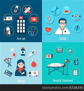 Medical flat set with first aid doctor patient hospital treatment isolated vector illustration