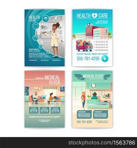 Medical flyers set. Health care service posters with people in hospital, clinic building and interior with receptionist on reception desk, patient on doctor appointment. Cartoon vector illustration. Medical flyers set. Health care service posters