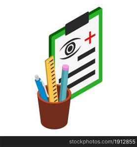 Medical form icon isometric vector. Green clipboard, eye sign and stationery. Medical report, ophthalmology concept. Medical form icon isometric vector. Green clipboard eye sign and stationery