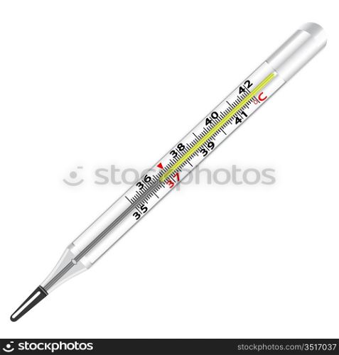 Medical glass mercury thermometer on white background.