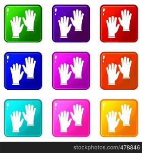 Medical gloves icons of 9 color set isolated vector illustration. Medical gloves set 9