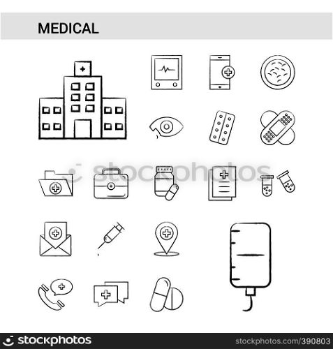 Medical hand drawn Icon set style, isolated on white background. - Vector