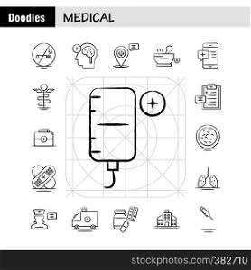 Medical Hand Drawn Icons Set For Infographics, Mobile UX/UI Kit And Print Design. Include: Clipboard, Time, Board, Clock, Tablet, Medical, Medicine, Capsule, Collection Modern Infographic Logo and Pictogram. - Vector