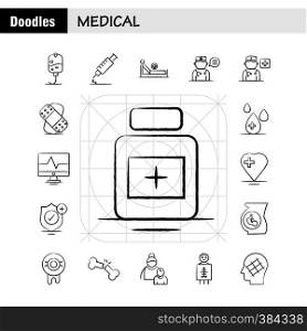 Medical Hand Drawn Icons Set For Infographics, Mobile UX/UI Kit And Print Design. Include: Letter, Mail, Medical, Hospital, Capsule, Medical, Tablets, Health, Collection Modern Infographic Logo and Pictogram. - Vector