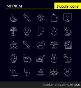 Medical Hand Drawn Icons Set For Infographics, Mobile UX/UI Kit And Print Design. Include: Solar System, Space, Sun, Planets, Search, Magnifying Glass, Collection Modern Infographic Logo and Pictogram. - Vector