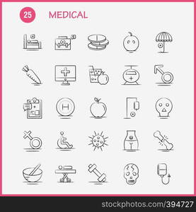 Medical Hand Drawn Icons Set For Infographics, Mobile UX/UI Kit And Print Design. Include: Solar System, Space, Sun, Planets, Search, Magnifying Glass, Collection Modern Infographic Logo and Pictogram. - Vector