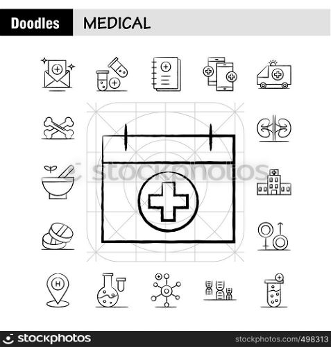 Medical Hand Drawn Icons Set For Infographics, Mobile UX/UI Kit And Print Design. Include: Bandage, Plaster, Medical, Health, Care, Thermometer, Heat, Temp, Collection Modern Infographic Logo and Pictogram. - Vector