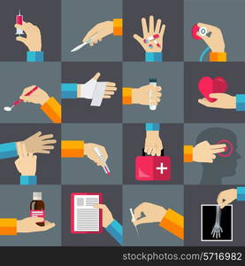 Medical hands with thermometer medicine syringe flat icons set isolated vector illustration