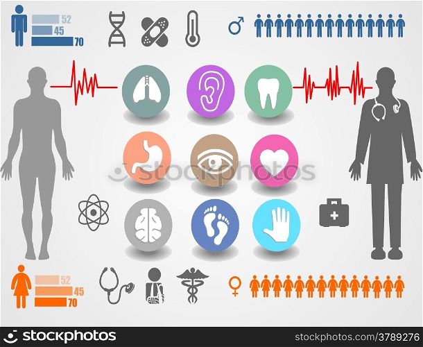Medical, health and icons and data elements, info graphic heart, brain , kidney and other human organs symbols