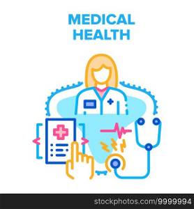 Medical Health Vector Icon Concept. Medical Health Examination With Stethoscope Doctor Professional Equipment, Medicine Worker Checking Patient Insurance And Document Color Illustration. Medical Health Vector Concept Color Illustration