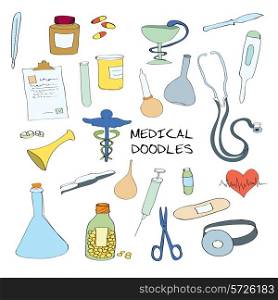 Medical healthcare emblems collection of snake asclepius symbol stethoscope plaster pills capsules color doodle sketch vector illustration