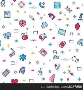 Medical healthcare vector seamless pattern with line medicine icons. Medical healthcare vector seamless pattern with line medicine icons. Medical pattern with syringe and human organs, illustration of backdrop for medical hospital