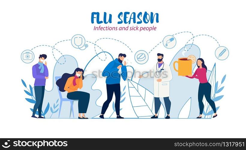 Medical Help and Care for Sick People Flat Poster. Man and Woman in Scarf Coughing, Blowing Nose and Sneezing. Doctor and Female Character with Cup of Tea. Flu Treatment. Vector Cartoon Illustration. Medical Help and Care for Sick People Flat Poster