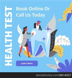 Medical help and consultation, assistance of doctor. Test online booking in internet on website, call us today. Dental clinics for patients, healthcare and diagnosis. Web vector in flat style. Health test, book online or call us today web