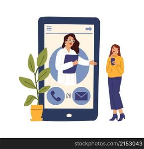 Medical help online. Doctor phone app, telemedicine. Psychotherapy consulting, therapist help woman remote vector concept. Online app medicine, help and diagnosis illustration. Medical help online. Doctor phone app, telemedicine. Psychotherapy consulting, therapist help woman remote vector concept