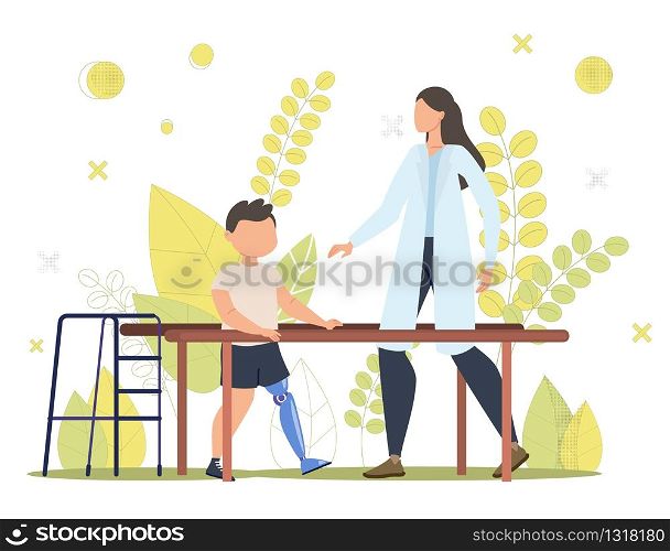 Medical Help, Physical and Psychological Rehabilitation of Disabled Children Trendy Flat Vector Concept. Injured Child, Boy with Leg Prosthesis Training, Learning to Walk on Parallel Bars Illustration