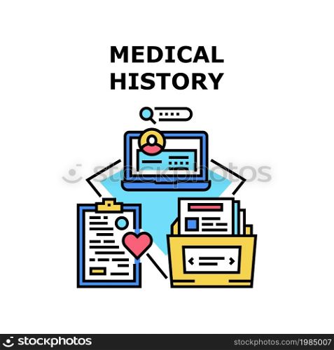 Medical History Vector Icon Concept. Medical History Of Patient Disease And Health Examination. Digital And Card Paper List With Information Of Health And Ill. Doctor Paperwork Color Illustration. Medical History Vector Concept Color Illustration