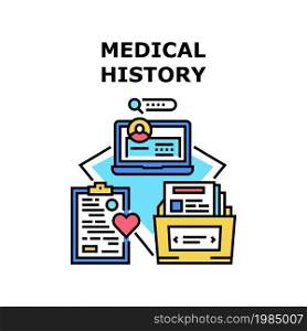 Medical History Vector Icon Concept. Medical History Of Patient Disease And Health Examination. Digital And Card Paper List With Information Of Health And Ill. Doctor Paperwork Color Illustration. Medical History Vector Concept Color Illustration