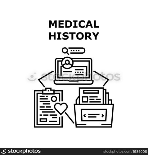 Medical History Vector Icon Concept. Medical History Of Patient Disease And Health Examination. Digital And Card Paper List With Information Of Health And Ill. Doctor Paperwork Black Illustration. Medical History Vector Concept Black Illustration