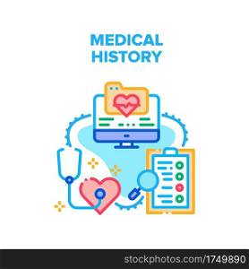 Medical History Vector Icon Concept. Patient Medical History, Examination And Treatment Disease, Medicine Card Researchment And Storaging On Computer. Hospital Archive Technology Color Illustration. Medical History Vector Concept Color Illustration