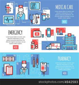 Medical Horizontal Banners. Medical horizontal banners with emergency pharmacy and medical care line icons compositions flat vector illustration