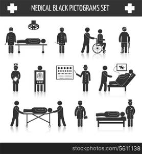 Medical hospital ambulance emergency healthcare tests and services black pictograms set isolated vector illustration