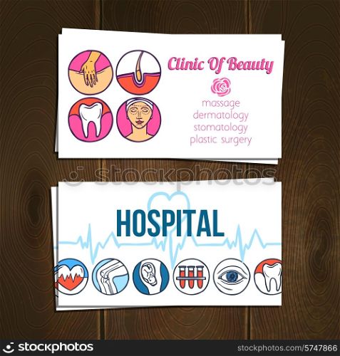 Medical hospital and beauty clinic business cards hand drawn set isolated vector illustration